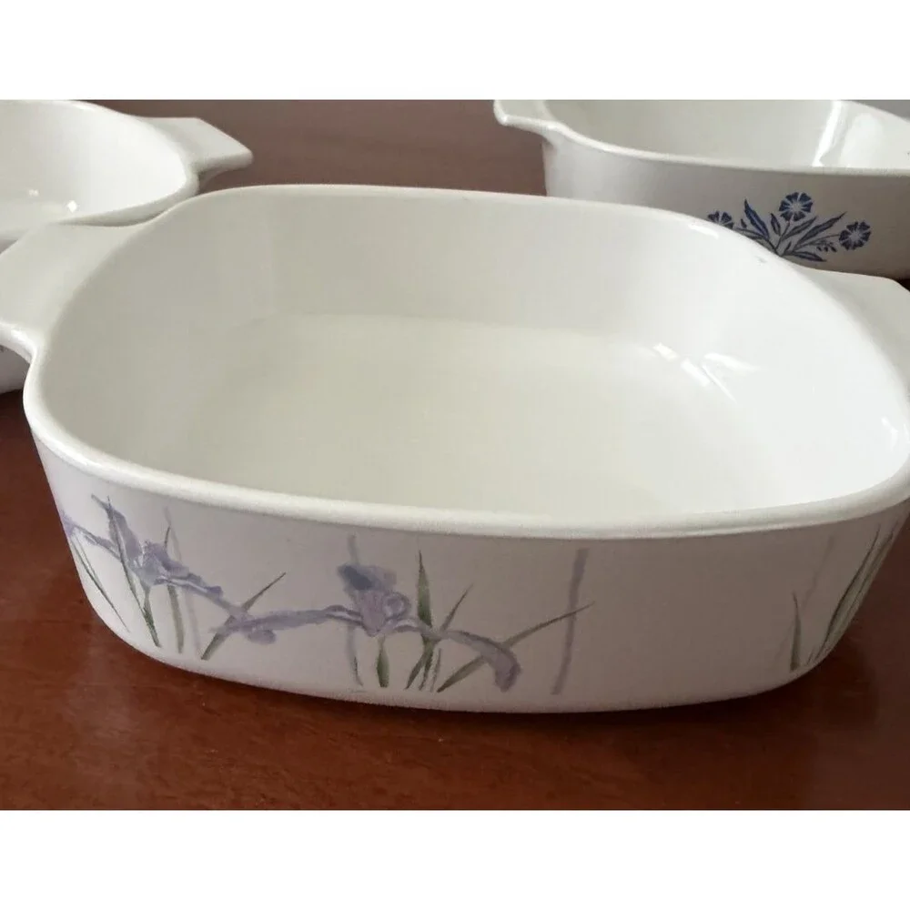 Vintage CorningWare White Floral Square Baking Dish Set of 4 w/ Handles 6.5in